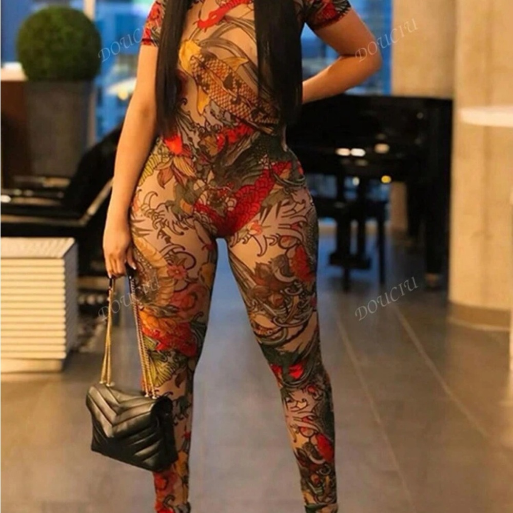 Bold Red and Black Jumpsuit with Abstract Design